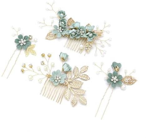 4 Stück Haarschmuck Hochzeit,U-förmig Braut Haarnadeln Elegante Blumen Haarnadeln Kristall Perlen Brautschmuck Haarkamm,Haar Zubehör,für Frauen und Damen,Brautjungfer Braut,Grün