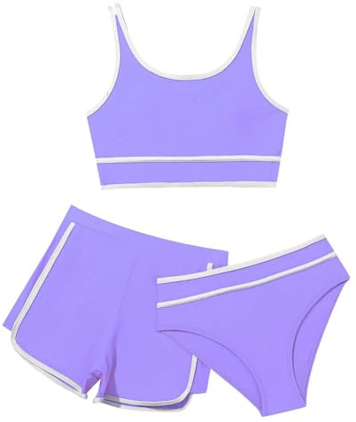 Bikini Teenager Mädchen 3-teiliges Bikini-Sets Sport Badeanzug Verstellbare Bikini Oberteil mit Triangel Bikinihose und Kurz Shorts Sporty Sommer Strand Bademode Badebekleidung für 8-14 Jahre