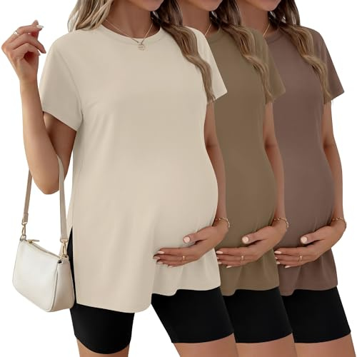 Ficerd 3 Pack Women's Maternity T Shirts, Short Sleeve Side Split Pregnancy Tops Casual Crew Neck Pregnant Tees Mama Clothes(Coffee, Khaki, Cream,Small)