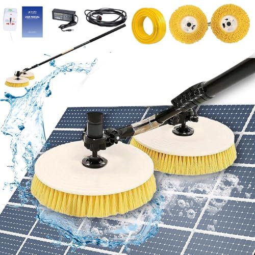 Pv Reiniger mit Teleskopstiel Verbesserte Version, 65 Cm Doppelt Rotierendem BüRstenkopf Solarpanel Reiniger17 m Stromkabel, Pv Anlage Reinigung für Solaranlage, GlasdäCher Und Terrassendach