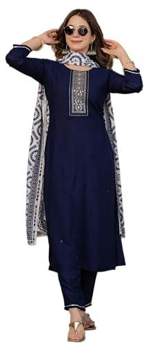 ONPEAK Embroidered Traditional Kurti Set with Dupatta for Women Indian Style Outfit for Wedding Season (UK, Alpha, S, Regular, Regular, Navy Blue)