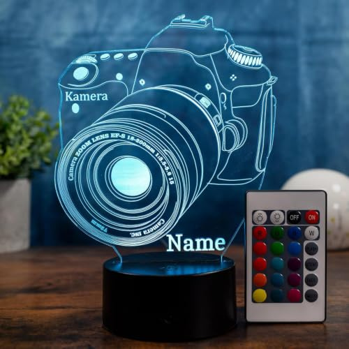 Optechvisual Personalisierte Kamera LED Lampe – Fotograf Geschenk mit Name, Foto Kamera Nachtlicht, Fotografie Deko, 16 Farben dimmbar, Geschenk für Fotografen & Hobbyfotografen