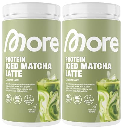 MORE Protein Iced Matcha Latte, 2 x 500g, Matcha Grünteepulver mit wertvollen Proteinen, wenig Zucker und Fett - made in Germany