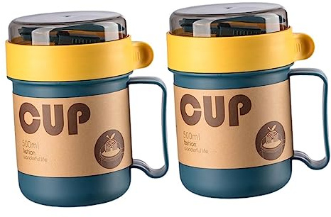 Cabilock 2 Stück Frühstücksbecher mit Deckel 500ml Tragbare Suppentasse aus Lebensmittelechtem Kunststoff für Mikrowelle Löffel Rutschfester Boden für Zuhause und Unterwegs