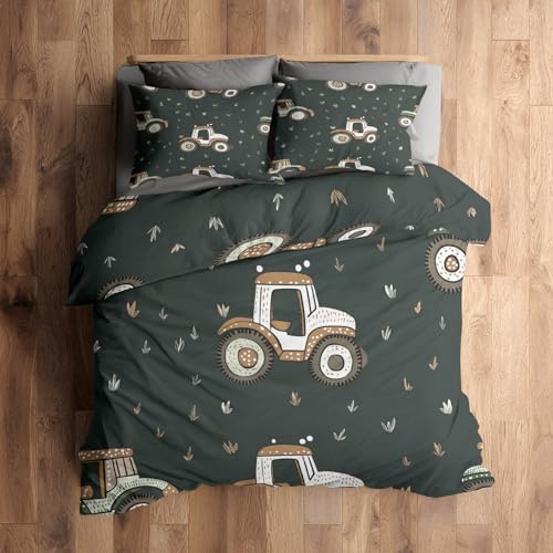 Generisch 135x200 Bettwäsche Traktor Bettbezug - 2tlg, 1 Kissenbezug 80x80, Cartoon Bauernhof Muster, Schlafzimmer Deko, Weiche Mikrofaser Wendebettwäsche mit Reißverschluss - IL270