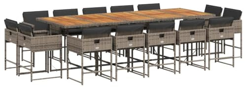vidaXL Garten Essgruppe 15-TLG., Gartenmöbel Set Tisch mit 14 Stühle, Gartengarnitur mit Kissen, Sitzgruppe Essgarnitur Terrasse, Grau Poly Rattan