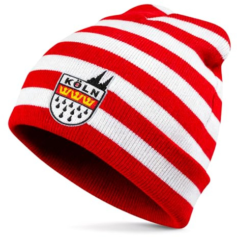 DPKOW Köln Beanie Mütze Karneval Kostüm Damen Herren Strickmütze Köln Kostüm Accessories, Rot und Weiß Gestreifte Beaniemütze Winter Warme Unisex Wintermütze Beanie Hat Geschenk