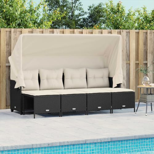 QJBSAVVA 5-TLG Gartenmöbel Set Schwarz Poly Rattan 204x75 cm mit ausziehbarem Sonnendach gepolsterte Sitzgruppe für Balkon Terrasse und kleinen Garten