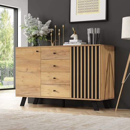 Jaxenor Sideboard Wohnzimmer mit 4 Schubladen und 2 Schränken, Buffetschrank mit 5 Massivholzbeinen, Modern Wohnzimmerschrank für Schlafzimmer & Flur, 120×38×75cm, Holzfarbe + Schwarz