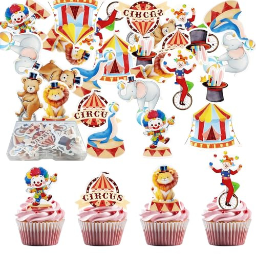 45 Stück Essbar Zirkus Kuchen Topper Zirkus,Pappbecher Cupcake Toppers,für Kinder Party Geburtstag Party Kuchen Dekoration,Dekorationen Vintage Zirkusparty Zubehör