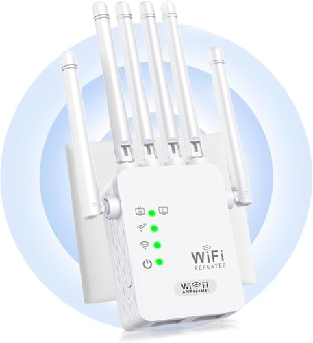 Repeteur WiFi Puissant,Amplificateur WiFi 6 antennes,2 LAN,Couverture WiFi de 1000 m²,Mode Répéteur & Routeur & AP,Repeteur WiFi Exterieur Compatible avec Toutes Les Box,Facile à Installer