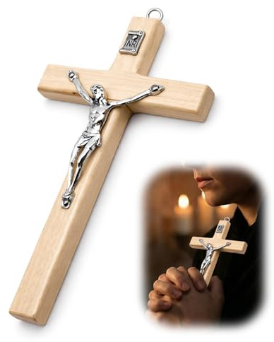 NYVOR Croix Chretienne, Portable Croix 7 * 12.5cm avec Trou de Suspension Mural Motifs en Relief Croix de Jésus en bois, Cadeau pour Passionnés Religionne Croix Chretienne Décoration (Bois Naturel)