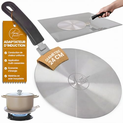 Casa Abodo Placa Adaptador de Inducción 24cm con Mango Extraíble | No Cambie Color | Adaptador Placa Inducción para Ollas Moka, Vidrio & Aluminio sobre Gas y Eléctrico
