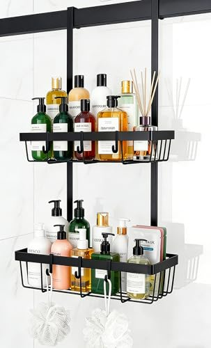 Duschablage zum Hängen Schwarz, Duschregal Ohne Bohren für Badezimmer Organizer Hängeregal mit 2 Duschkörben und 8 Haken, Hängeregal Dusche für Bad Küche Balkon
