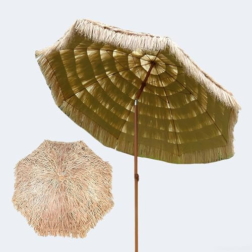 Generico Ombrellone da Spiaggia 2,0/2,40 M Ombrellone Tiki in Paglia Parasole con Inclinazione A Pulsante 8 Stecche Resistenti Protezione UV Ombrello per Giardino Terrazza Patio(2.0m/6.5ft)