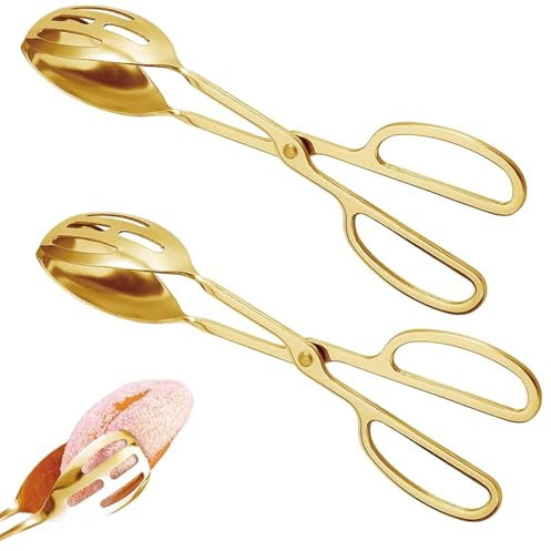 Kitchen Tongs for Cooking and Serving, Golden Food Tongs with Hollow Design for Draining Oil and Water, Ideal for Barbecues, Parties and Professional Kitchens, Set of Two