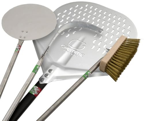 Giemme Set Professionale Pale per Pizza 4 Pezzi Linea Pro in Alluminio e Inox con Pala Forata 33 cm, Palino Ø 22 cm e Manico 150 cm per Forni fino a 140 cm, Made in Italy