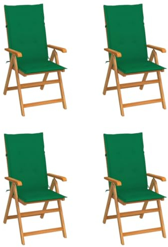 YuuSsea Trädgårdsstolar 4 st med grön kudde, massivt trä teak vikbar, justerbar i 7 positioner, väderbeständig, platsbesparande för balkong, terrass, utomhus, camping, pool, relaxstol