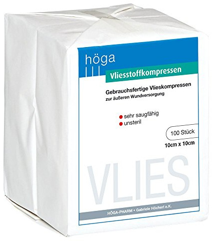 Höga Pharm - Compresa de tela no tejida, muy absorbente, no estéril, lista para usar, para heridas externas, 10 cm x 10 cm, 1 unidad
