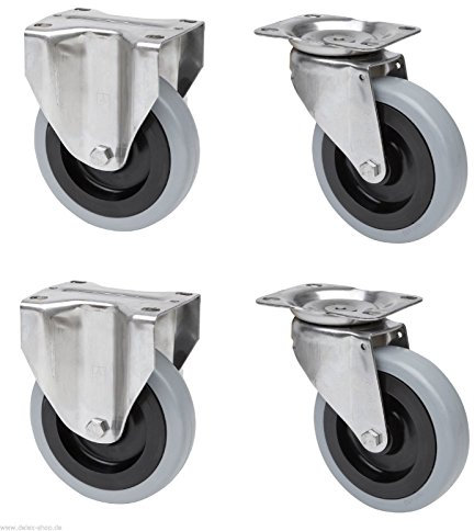 Satz je 2 Transportgeräterolle Bockrolle Lenkrolle Edelstahl 80 mm Rad Gummibereifung grau spurlos Anschraubplatte V2A INOX Edelstahlrolle Polyamidrad Gummi Gummibereifung