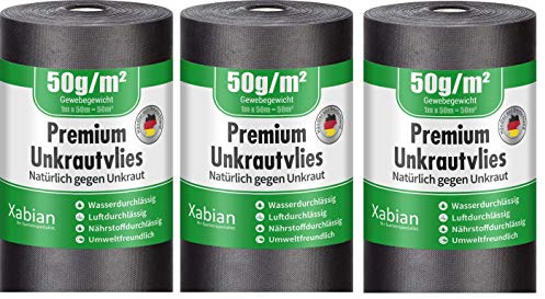 Xabian Anti Unkrautvlies 50g/m² Gartenvlies 3 Rollen 50m x 1m = 150m² | Unkrautfolie sehr hohe UV-Stabilisierung - reißfest und wasserdurchlässig