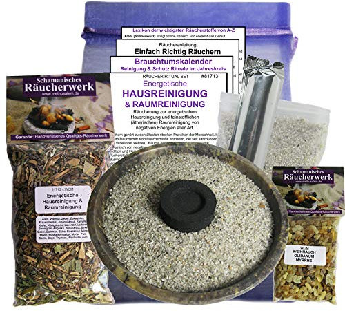 RÄUCHERUNG Energetische HAUSREINIGUNG & RAUMREINIGUNG. 10-TLG Set. 2 x Räucherwerk mit Angelika Salbei Sage Weihrauch Olibanum Myrrhe zum Räuchern. 8 x ZUBEHÖR 12cm Räucherschale. 81713-B12