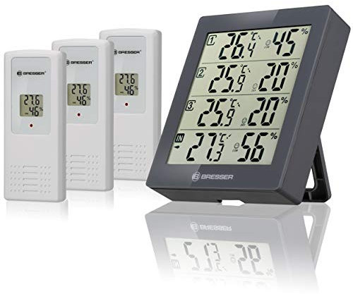 Bresser Wetterstation Funk mit Außensensor Temeo Hygro Quadro inklusive 3 Außensensoren um bei 4 Umgebungen gleichzeitig Temperatur und Luftfeuchtigkeit zu messen und zu kontrollieren, grau