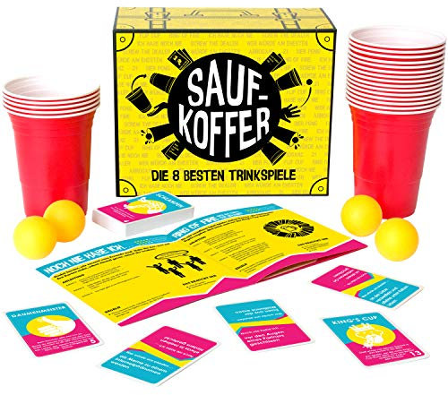 Saufkoffer - Die 8 besten Trinkspiele (Bier Pong, Noch nie Habe ich, Ring of Fire und mehr) | Partyspiel für Erwachsene - ideal für das Vorglühen und den Spieleabend
