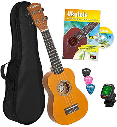 CASCHA Sopran Ukulele Set Englisch für Kinder und Erwachsene I Ukulele Starter Kit mit 3 Plektren Tasche Lehrbuch mit DVD Stimmgerät I Ukulele Set Aquila Saiten Nylon I Kleine Hawaii Gitarre I Gelb