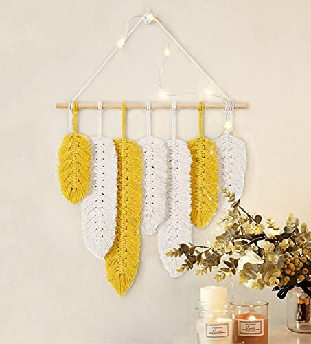 RONGJJ Tenture Murale De Feuille Tissée Chic Maison à La Main Macramé Jaune Tenture Murale en Coton Plume Boho Décoration Murale pour Chambre/Bureau/Salon