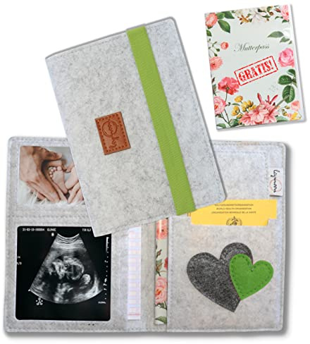 leymoon Mutterpass Hülle, Geschenk für Schwangere und Mama's mit vielen Fächern für Ultraschallbilder, Kinder U-Heft, Impfpass uvm. (Mutterpass, Silbergrau-Grün)