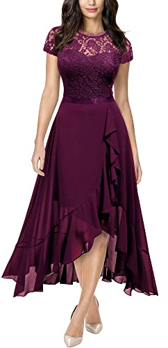 MIUSOL Women's Elegant Floral Lace Ruffle Evening Formal Wedding Guest Party Maxi Dress (X-Large, Magenta)