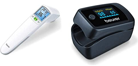 Beurer FT 100, kontaktloses Fieberthermometer mit Infrarot-Messtechnik & PO 45 Pulsoximeter, Messung von Sauerstoffsättigung(SpO2), Herzfrequenz(Puls) und Perfusions Index(PI), schmerzfreie Anwendung
