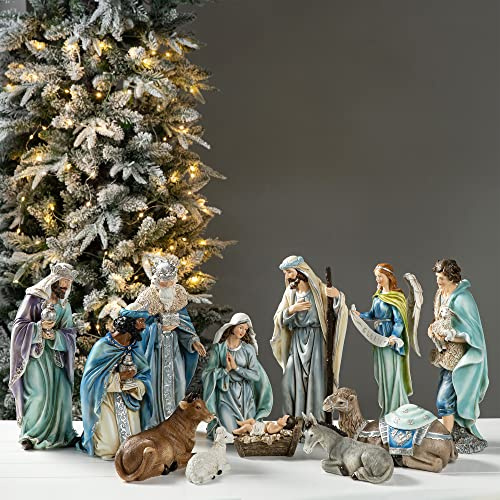 Glitzhome 12Pcs Deluxe Blue Resin Nativity Figurines Set Christmas Ornaments Xmas Tabletop Scenes Figures Set Collectibles Countertop Statue Miniatures Decorative Crafts Accessories 15.5 x 45.00