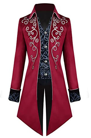 OBEEII Gothic Steampunk Frack Jacke, Herren Vintage Mittellanger Renaissance Viktorianischer Gehrock Smoking Halloween Karneval Kostüme Rot L