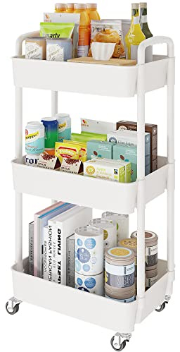 3 Tier Rolling Cart with Wheels, Utility Storage Carts,White
