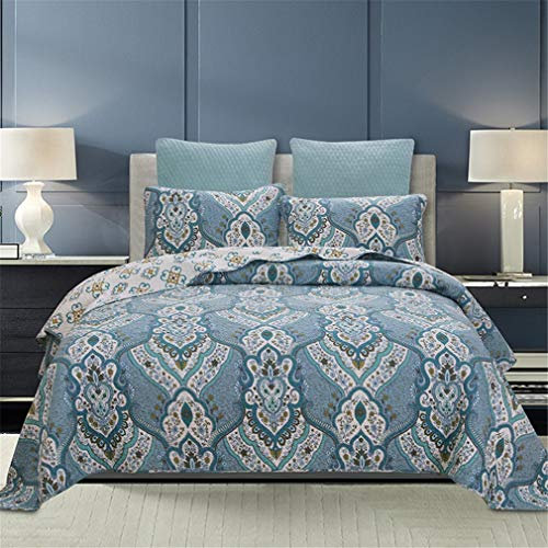 SXSGSM 3-teiliges Patchwork-Tagesdecke, geprägt, King-Size-Bett, 100 % Baumwolle, blau/orange, weiches Bettwäsche-Set mit 2 Kissenbezügen, Blau