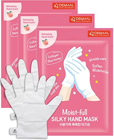 DERMAL Moistfull Silky Hand Mask Gloves 3 Pairs for Dry Hands - Intensive Repairing with Collagen and Shea Butter - Nourishing & Moisturizing Renew Hand Mask - Refreshing Peach Scent