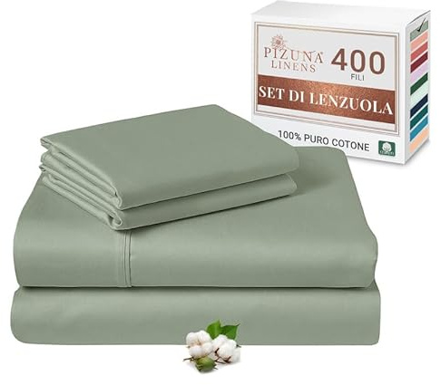 Pizuna Set lenzuola letto matrimoniale Cotone 140x200 cm Verde 400 fili 4Pz | Set lenzuola Matrimoniale 100% cotone a fiocco lungo, 140x200 cm, colore Schiuma Marina, 400 fili - angoli, sopra, 2 federe