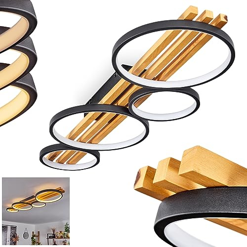 HOFSTEIN LED Deckenleuchte Rodekro, dimmbare Deckenlampe aus Metall/Holz in Schwarz/Naturfarben/Weiß, dimmbar über Lichtschalter, moderne Leuchte mit Holzbalken, 44 Watt, 3000 Kelvin, 5100 Lumen