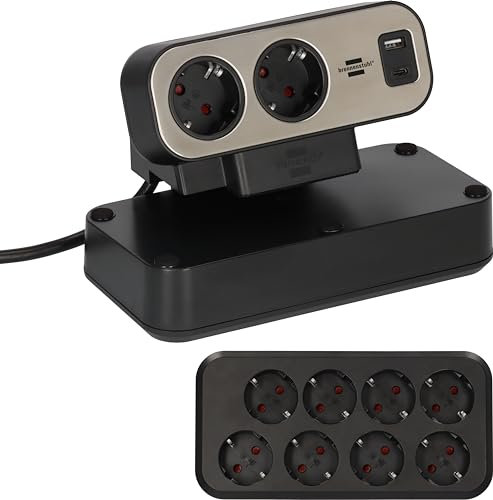 Brennenstuhl Estilo Duplex Tischsteckdosenleiste mit Schalter (Steckdosenleiste mit USB C Power Delivery, 1x USB C und 1x USB A, 10x Schutzkontakt-Steckdosen, 2m) Silber/schwarz