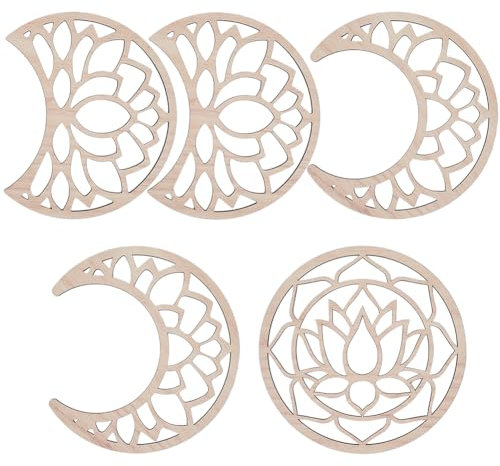 CREATCABIN 5 décoration Murale Bois avec Lune Phases Lune Décoration Murale Suspendre Lotus Bohème Ensemble Esthétique avec Autocollants pour Salon,Chambre Coucher,Maison,Bar,Bureau Ornement Rose