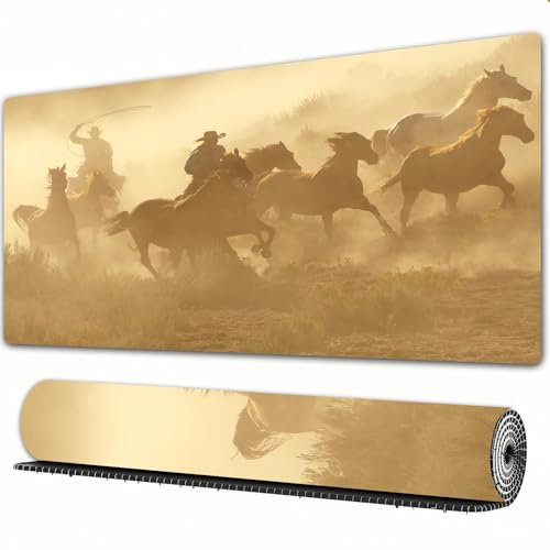 EOMKSE Mauspad Verlängertes großes Mauspad Schreibtischauflage,genähte Kanten Mauspad,Gummibasis,Western, galoppierende laufende Pferde in der Wüste, Zwei Cowboys, die Sich ab,Gaming-Mauspad,40x90 cm