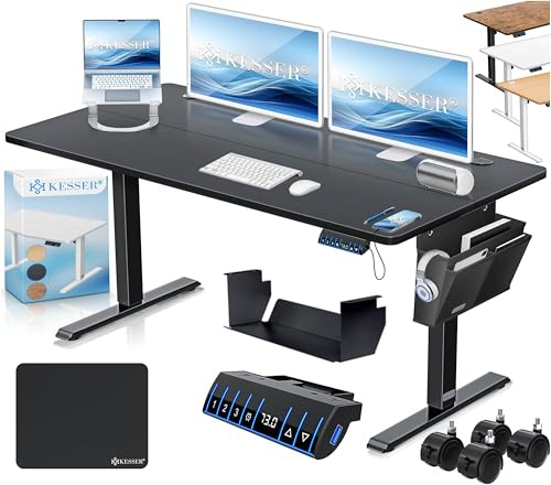 KESSER® höhenverstellbarer Schreibtisch elektrisch 140 x 70 cm, ergonomischer Steh-Sitz Tisch mit 3-Memory-Funktion, Stehtisch für Homeoffice, Inkl. Zubehör, USB-Ladeanschluss & 360° Rollen, Schwarz