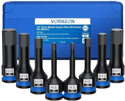 VORXEON 1/2 Jeu de Douille hexagonal 5mm-19mm en acier allié S2 Coffret de Douilles Tournevis à Chocs Hexagonal adapté aux clés pneumatiques, réparations automobiles