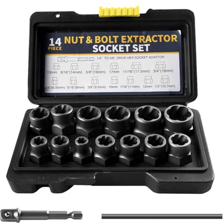 14PCS Impact Bolt & Nut Remover Set, 3/8 Drive Impact Socket Kit | Bolt Extractor Tool Set, Stripped Lug Nut Remover with Hex Adapter for Damaged, Rusted,or Rounded-Off Bolts, Nuts, Screws