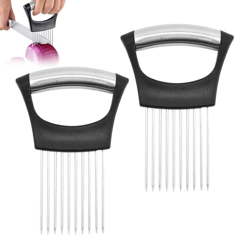 FUIPVGI 2 Pièces Support à Oignons Amélioré Éplucheur D'oignon Coupe-Oignons Pince à Oignon en Acier Inoxydable Alimentaire Tranche Assistant de Coupe pour Couper Les Tranches D'oignons (Noir)