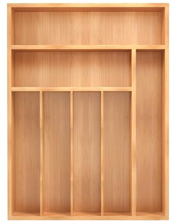 BEKVEM Bamboo Silverware Organizer, 12.5 W x 16.5 D | Kitchen Drawer Organizer, Utensil Holder, Cutlery Tray & Spoon Flatware Storage, Grooved Drawer Dividers