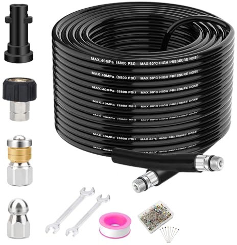 10M Pressure Washer Hose - Compatible with Karcher K2-K7 Series Pressure Washer, 400 Bar/5800 PSI Drain Hose Cleaning Kit Sewer Jetter Kit with Jet Nozzle and Rotating Jet Nozzle