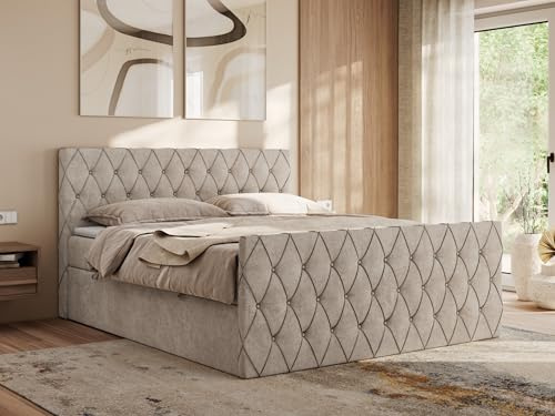 MKS MEBLE Boxspringbett 180x200 cm Miren Duo – Bett mit Bettkasten & Kopfteil, Ziernähte/Steppung – 2× 7-Zonen Taschenfederkern Matratze H3 mit Topper T25 – Beige Strukture